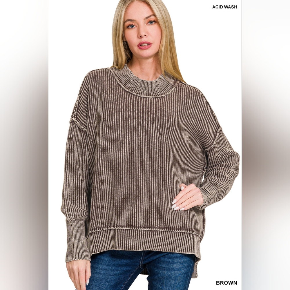 Zenana Washed Side Slit Oversized Sweater
